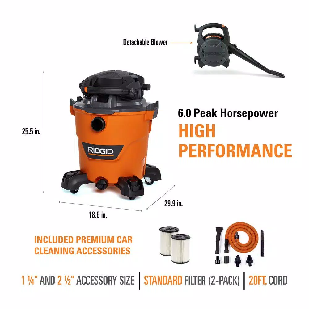 RIDGID 12 Gal. 6.0 Peak HP NXT Wet/Dry Shop Vacuum with Detachable Blower and Car Cleaning Kit