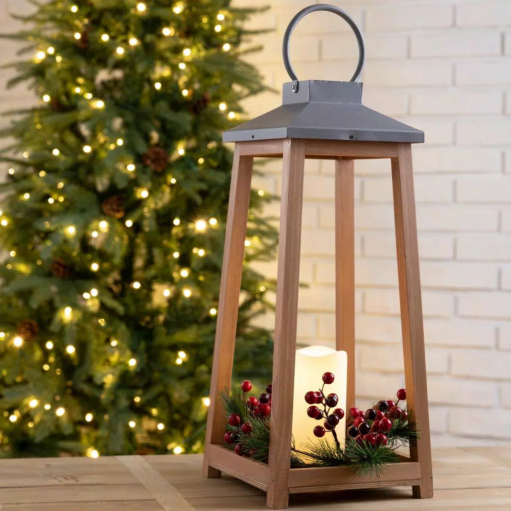 Glitzhome 19.29 in. Wooden and Metal LED Pillar Lantern with 3 Changeable Candle Rings