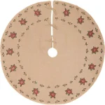 VHC Brands 55 in. Jute Burlap Poinsettia Holiday Tree Skirt - Natural Tan with Holly Berries thumbnail 1