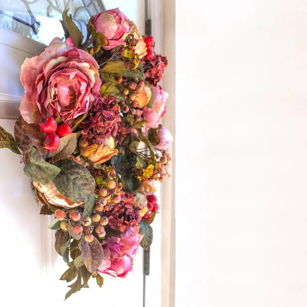 Nearly Natural 24 in. Red Peony Hydrangea Wreath with Berries and Greenery