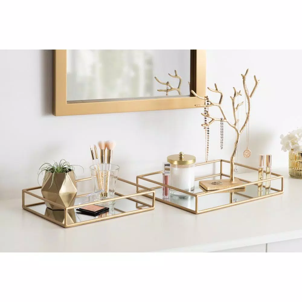 Kate and Laurel Felicia Gold Mirrored Metal Nesting Tray Set - Decorative Rectangular Trays for Home Decor
