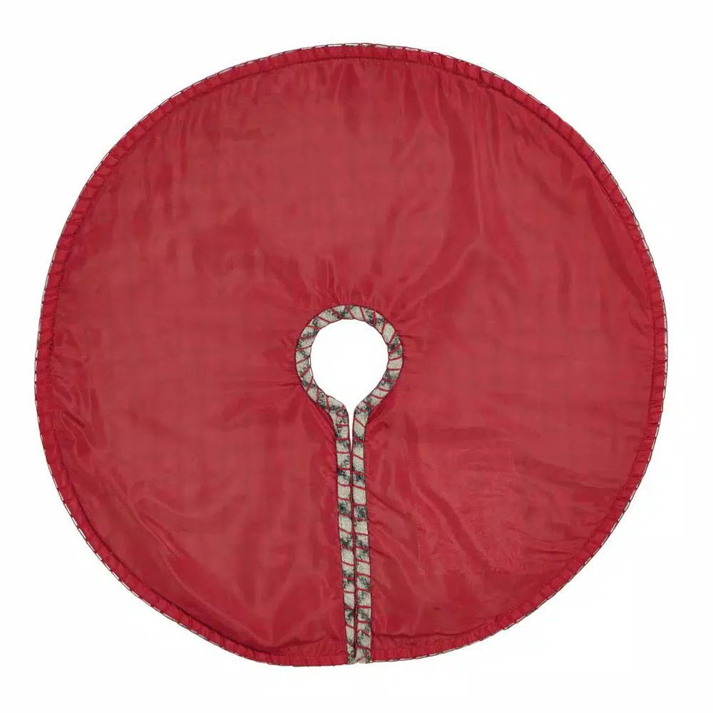 VHC Brands Weston 21 in. Slate Grey Windowpane Plaid Christmas Tree Skirt with Cherry Red Trim