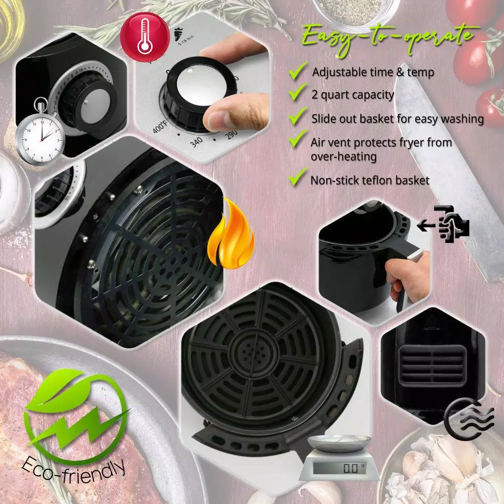 NutriChef 2-Quart Countertop Air Fryer Oven, 1000W Convection Cooker with Adjustable Temperature & Time