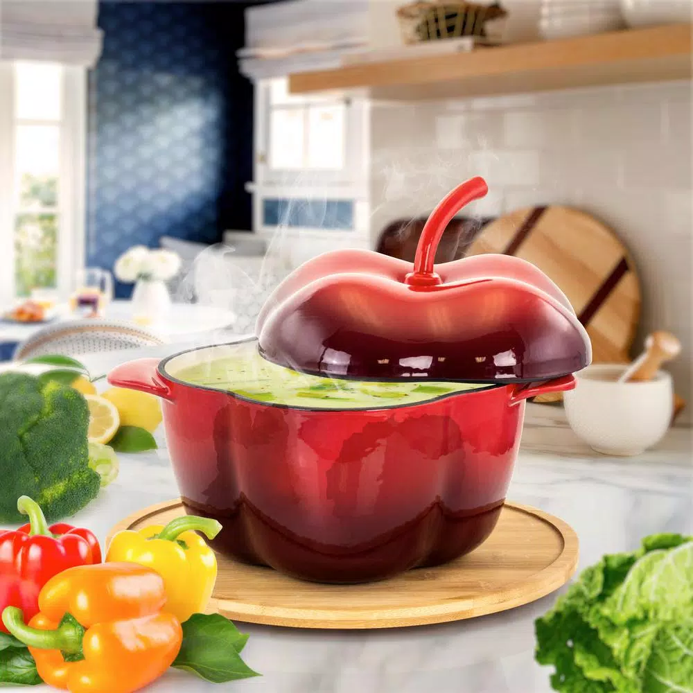 MegaChef 3 Qt. Pepper Shaped Enameled Cast Iron Casserole Dish, Red