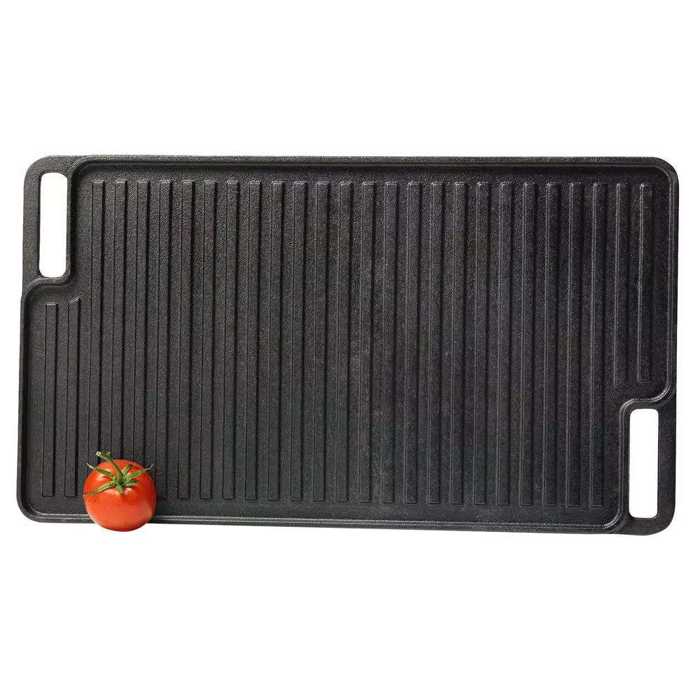 Basic Essentials 18 in. Cast Iron Rectangular Double Reversible Grill and Griddle, Pre-Seasoned Non-Stick