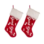 Glitzhome 21 in. Red Polyester Velvet Christmas Stockings with Plush Cuff - Good Dog Print (2-Pack) thumbnail 1