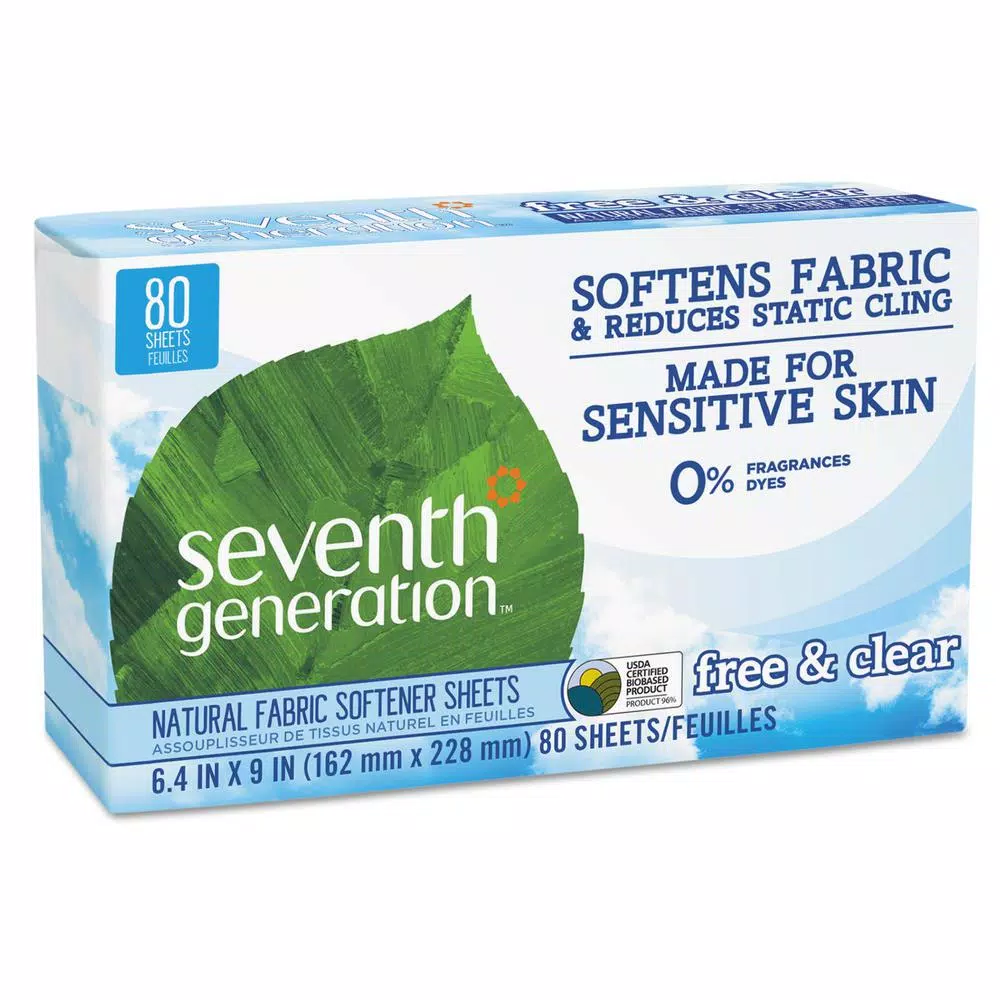SEVENTH GENERATION Natural Free and Clear Fabric Softener Dryer Sheets, Unscented, 960 Sheets (12 Boxes of 80)