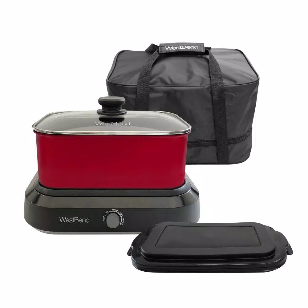 West Bend 5 Qt. Red Non-Stick Versatility Slow Cooker with Griddle Base, Travel Lid, and Thermal Tote