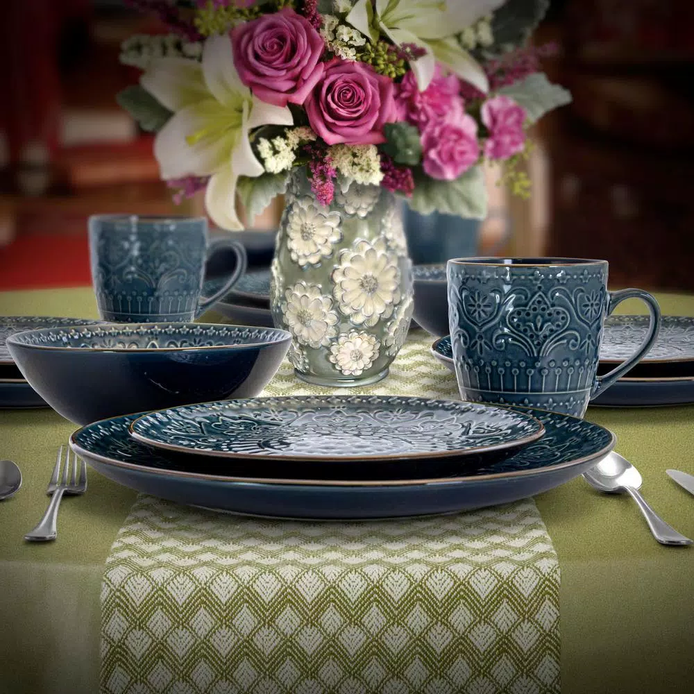 Elama Deepsea Mozaic 16-Piece Sea Blue Stoneware Dinnerware Set, Service for 4