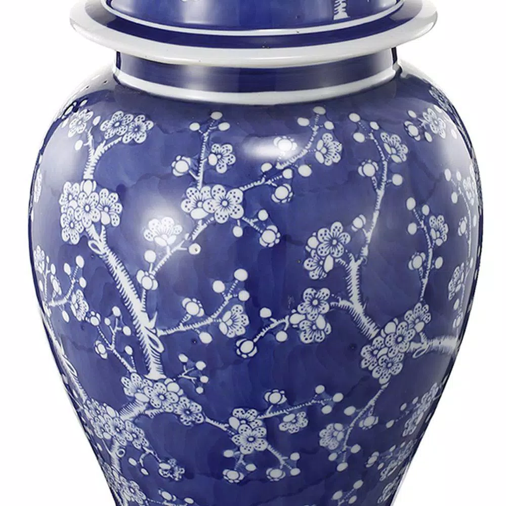 Benjara Blue and White Ceramic Ginger Jar with Petite Flower Design and Lid
