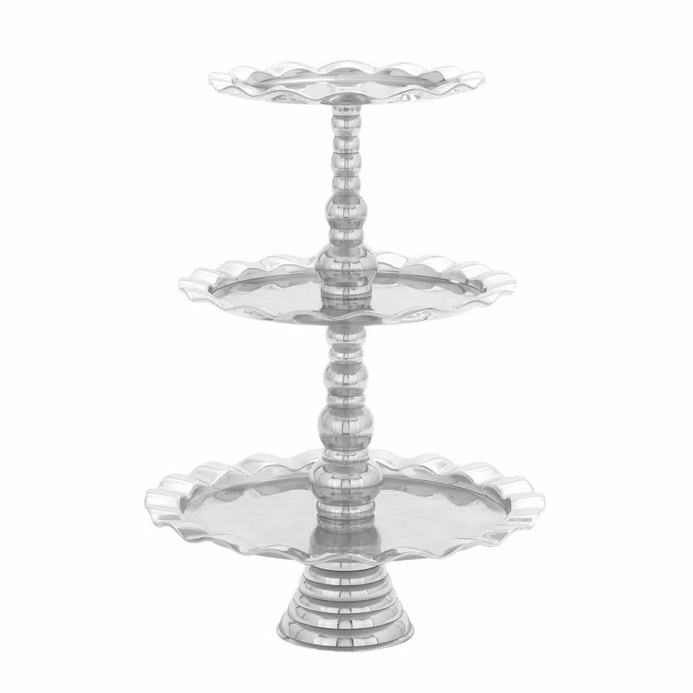 LITTON LANE 24 in. Polished Silver Aluminum 3-Tier Wavy-Ribbon-Rimmed Round Tray Stand