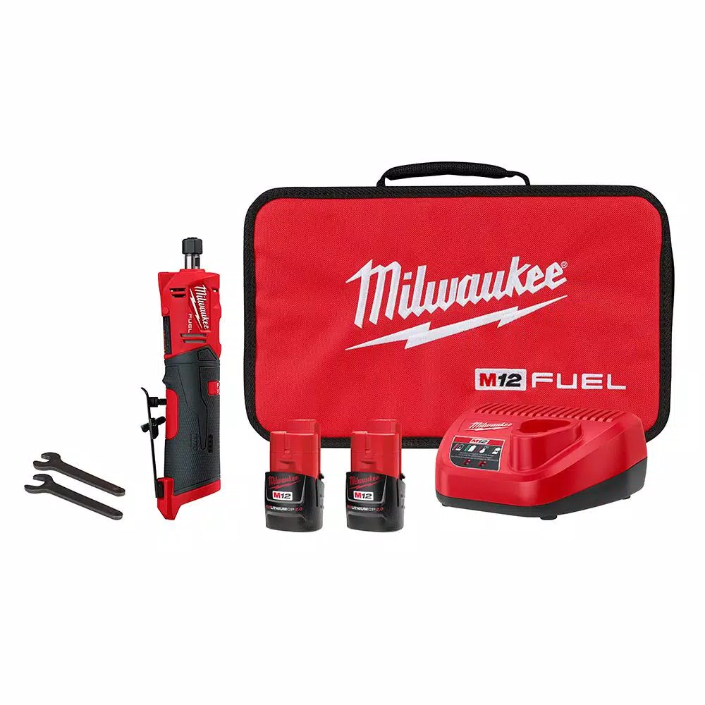 Milwaukee M12 FUEL 1/4 in. Brushless Cordless Straight Die Grinder Kit with Two 2.0 Ah Batteries