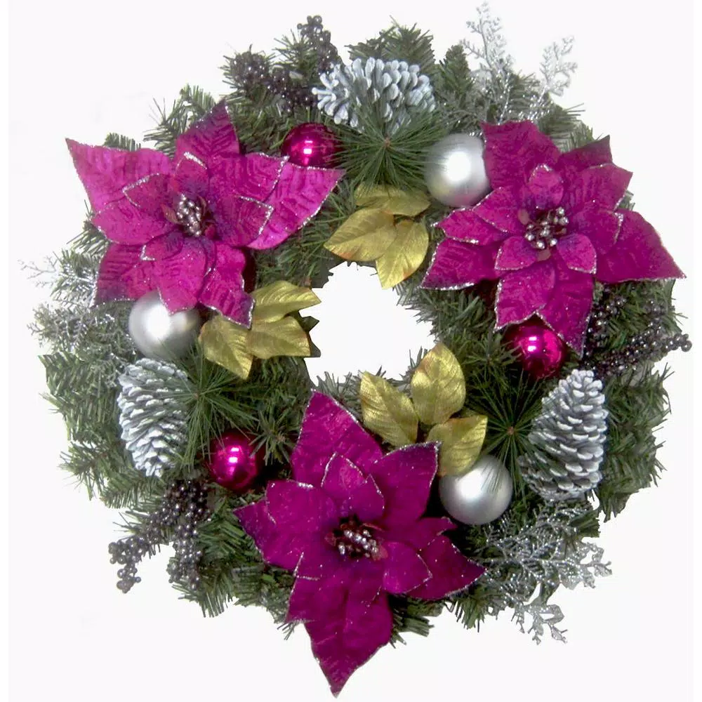 Fraser Hill Farm 24 in. Artificial Christmas Wreath with Faux Poinsettias, Ornaments, and Pinecones
