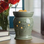 Candle Warmers Etc Perennial Illumination Fragrance Warmer - Jade Green Crackle Glaze with Floral Design thumbnail 2