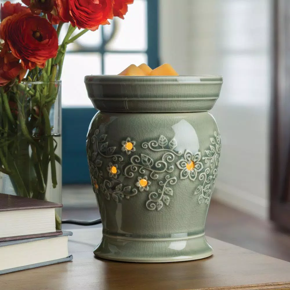 Candle Warmers Etc Perennial Illumination Fragrance Warmer - Jade Green Crackle Glaze with Floral Design