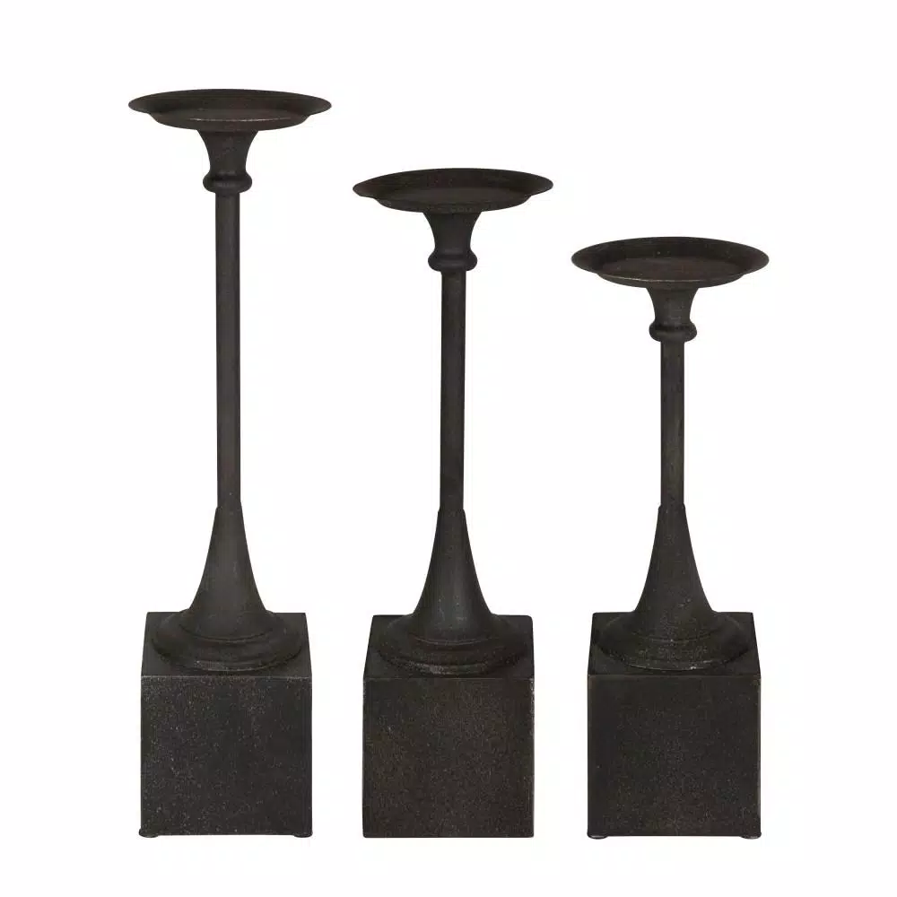 Kate and Laurel Bedrick Black Wood and Metal Candle Holder Set of 3, Modern Farmhouse Pedestal Style