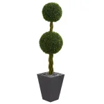 Nearly Natural 5 ft. Artificial Double Ball Boxwood Topiary Tree in Slate Planter with River Rocks thumbnail 1