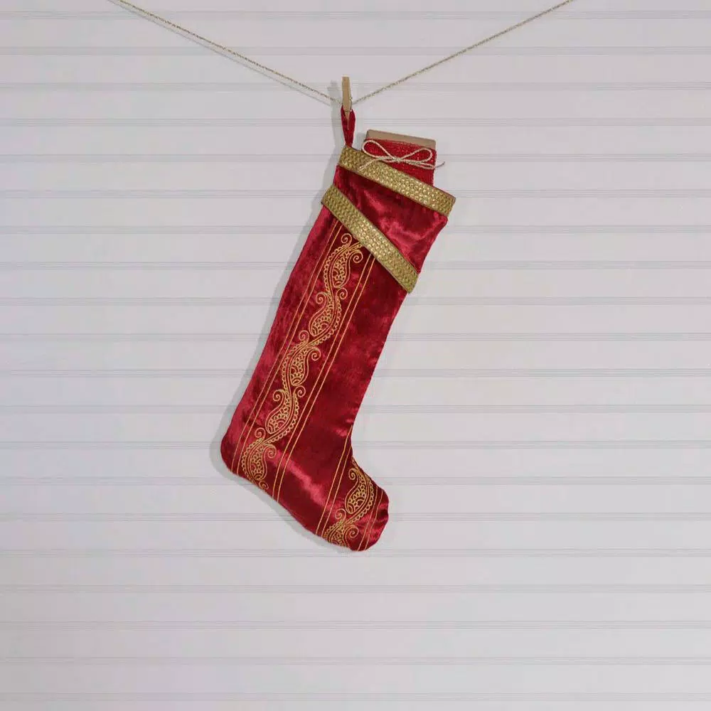 VHC Brands 20 in. Red Viscose Velvet Yule Christmas Stocking with Gold Paisley Embroidery
