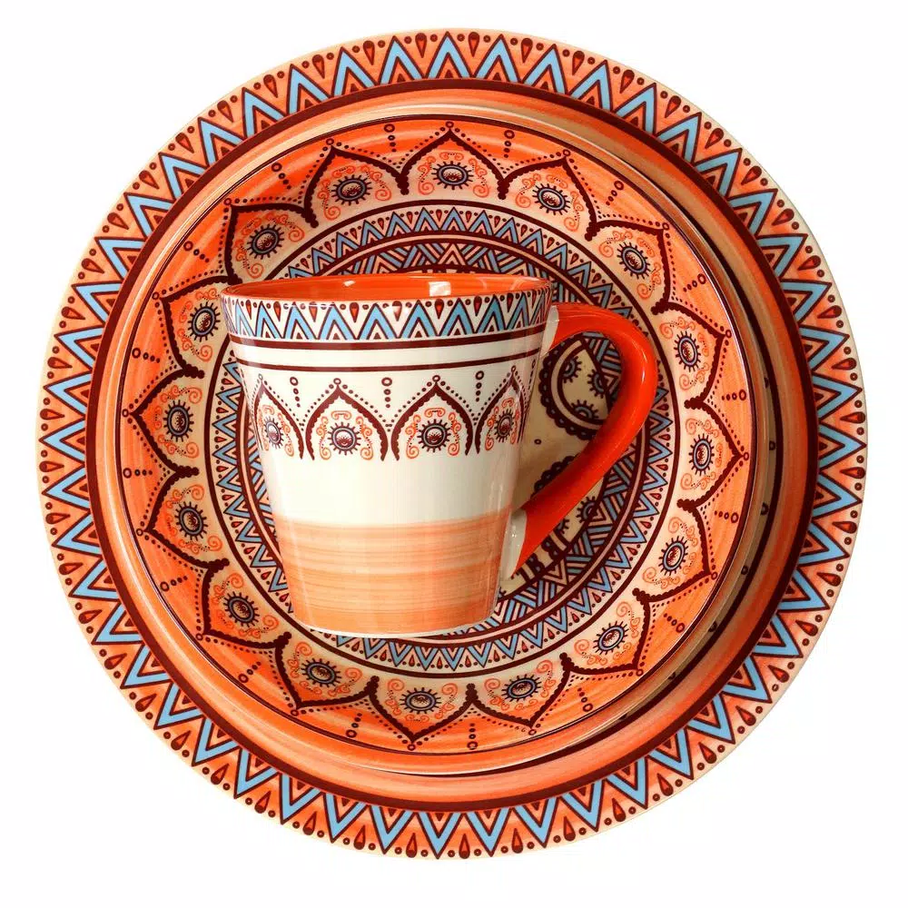 Elama Zen Rust Mozaik 16-Piece Stoneware Dinnerware Set, Service for 4, Orange Bohemian Style