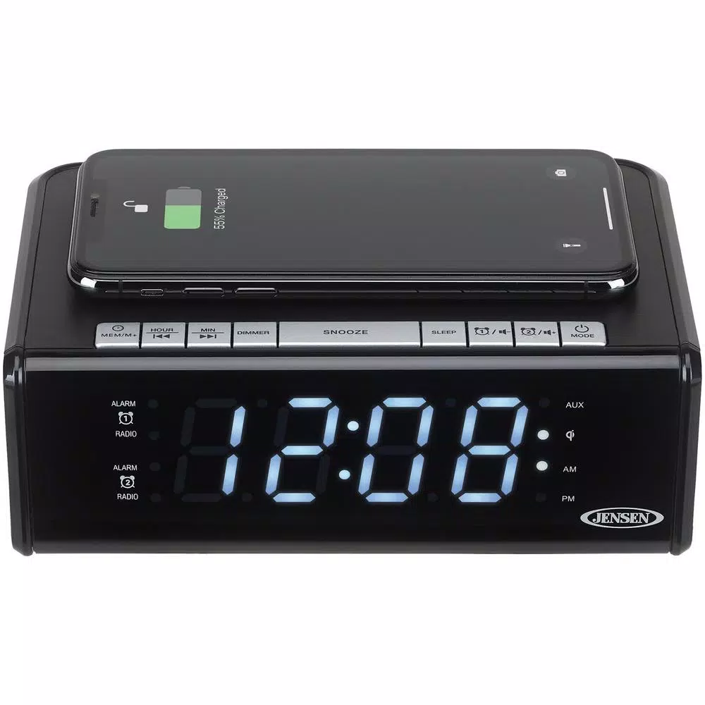 JENSEN Dual Alarm Clock Radio with Qi Wireless Charging, AM/FM, USB Port, and Aux Input - Black