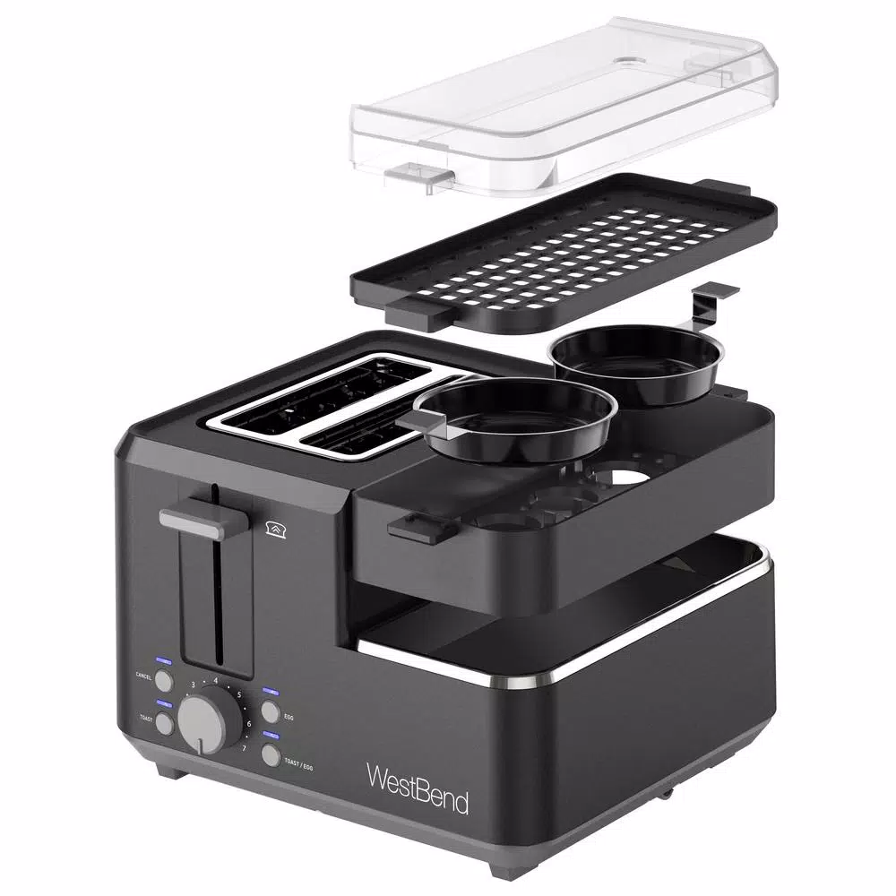 West Bend 2-Slice Wide Slot Breakfast Station Toaster and Egg Poacher with Meat Warming Tray, Black