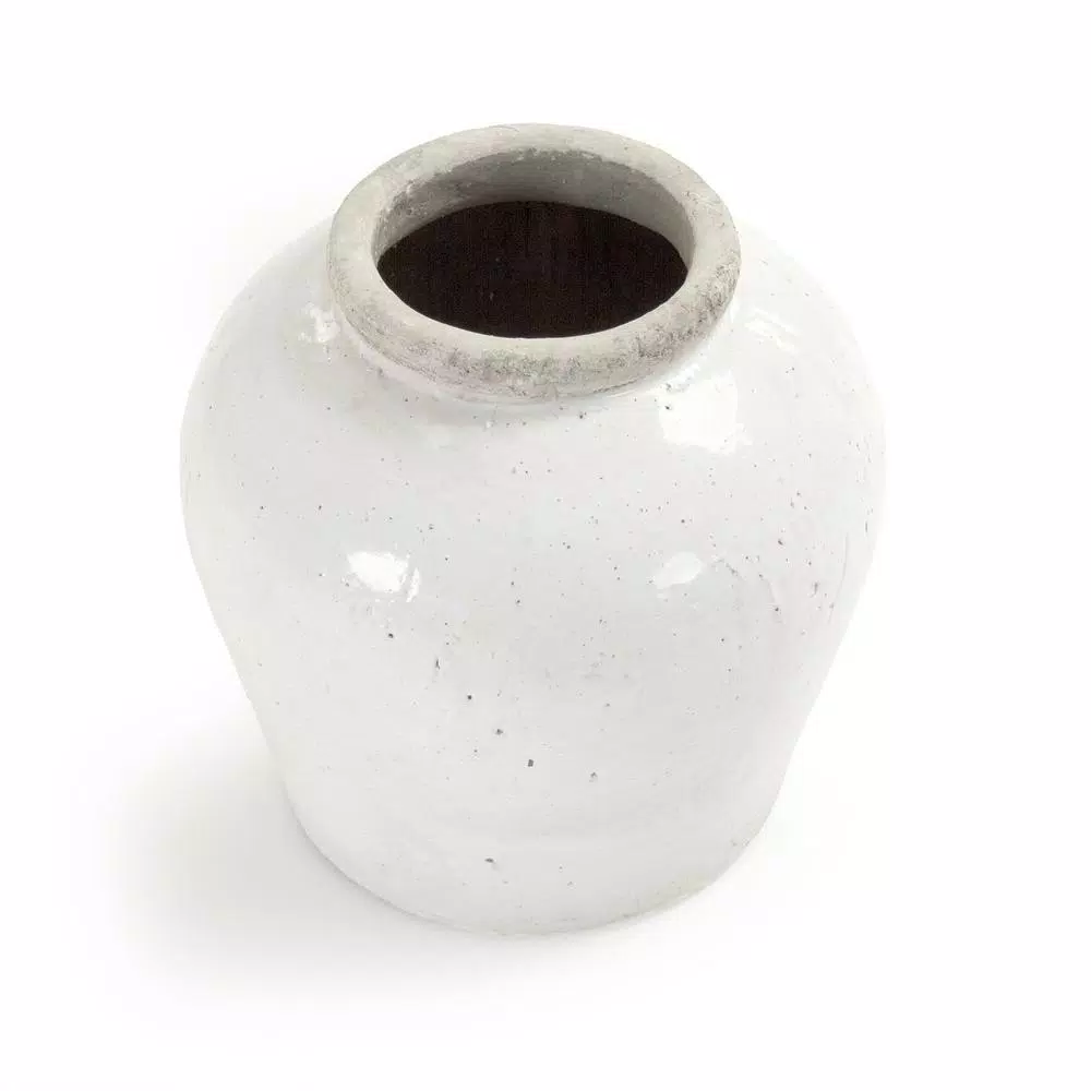 Zentique Terracotta Glazed Large Ceramic Decorative Vase - Distressed White Round Table Vase