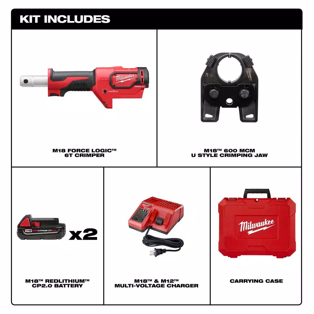 Milwaukee M18 FORCE LOGIC 600 MCM Cordless Crimper Kit with (2) 2.0Ah Batteries and Charger