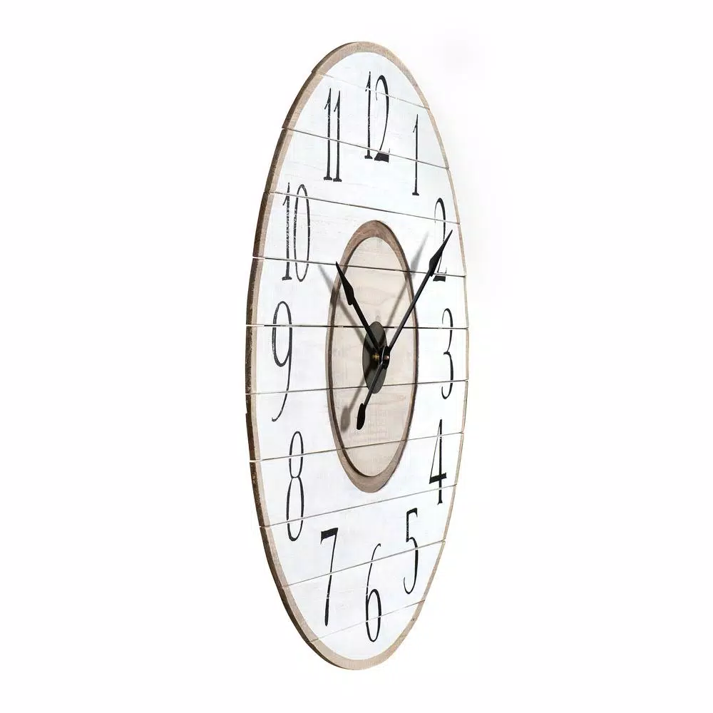 3R Studios White Distressed Wood Slat Wall Clock, 36 in. Oversized Round Rustic Analog Clock