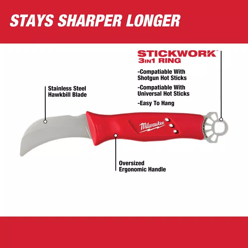 Milwaukee Lineman's Hawkbill Knife with STICKWORK 3-in-1 Ring
