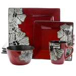 Elama Winter Bloom 16-Piece Red Stoneware Dinnerware Set, Asian Inspired Square Design, Service for 4 thumbnail 1