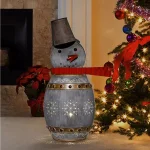 Alpine Corporation 30 in. Weathered Metal Barrel Snowman Sculpture with Warm White LED Lights thumbnail 2