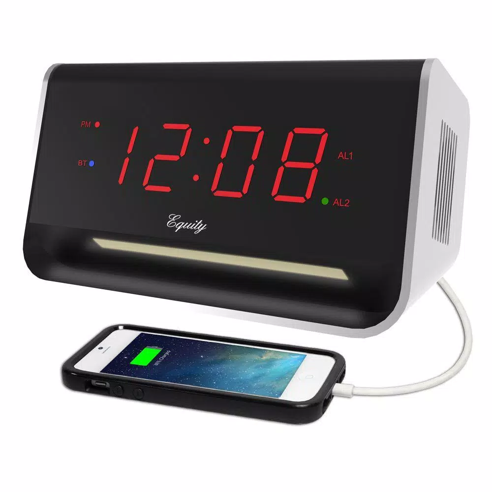 Equity by La Crosse 5.5 in. x 3.15 in. LED Digital Alarm Clock with Bluetooth Speaker and USB Charging Port - Red
