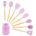 MegaChef 9-Piece Pink Silicone and Wood Kitchen Utensil Set with Ceramic Holder thumbnail 1