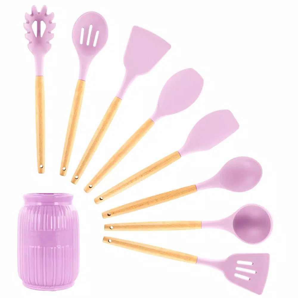 MegaChef 9-Piece Pink Silicone and Wood Kitchen Utensil Set with Ceramic Holder