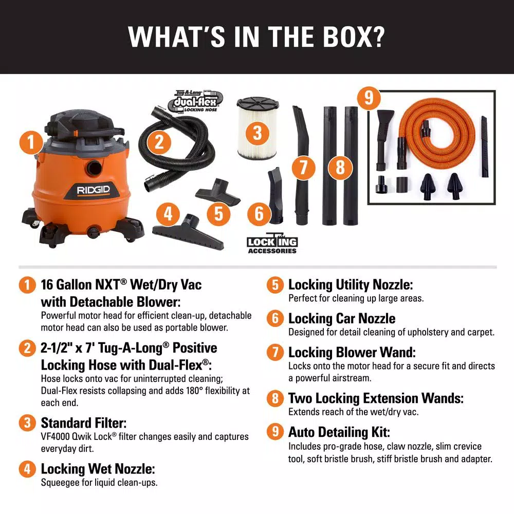 RIDGID 16 Gal. 6.5 Peak HP NXT Wet/Dry Shop Vacuum with Detachable Blower and Car Cleaning Kit