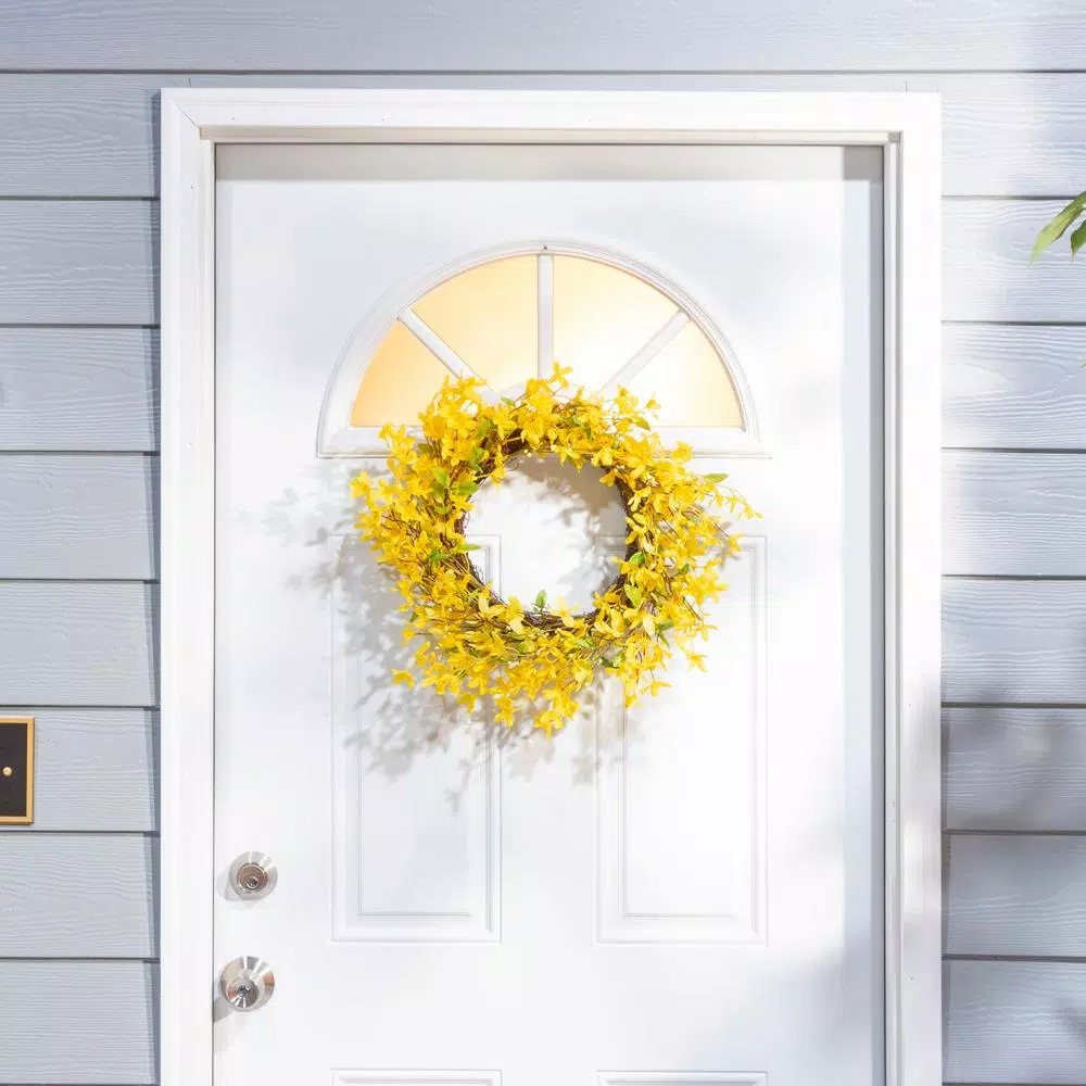 Gerson 24 in. Yellow Forsythia Wreath with Natural Twig Base and Silk Flowers