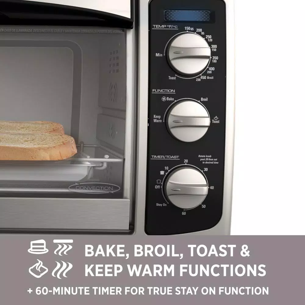 BLACK+DECKER 1500W 6-Slice Stainless Steel Convection Toaster Oven with Broiler Pan