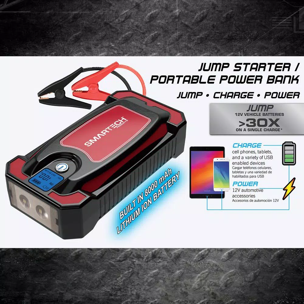 Smartech Products JS-8000N 8000 mAh Lithium Vehicle Jump Starter and Portable Power Bank