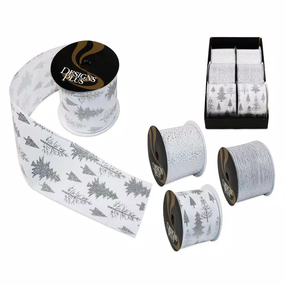 Unbranded 4 in. x 30 ft. White and Silver Jumbo Wire Edge Christmas Ribbon, 6-Pack