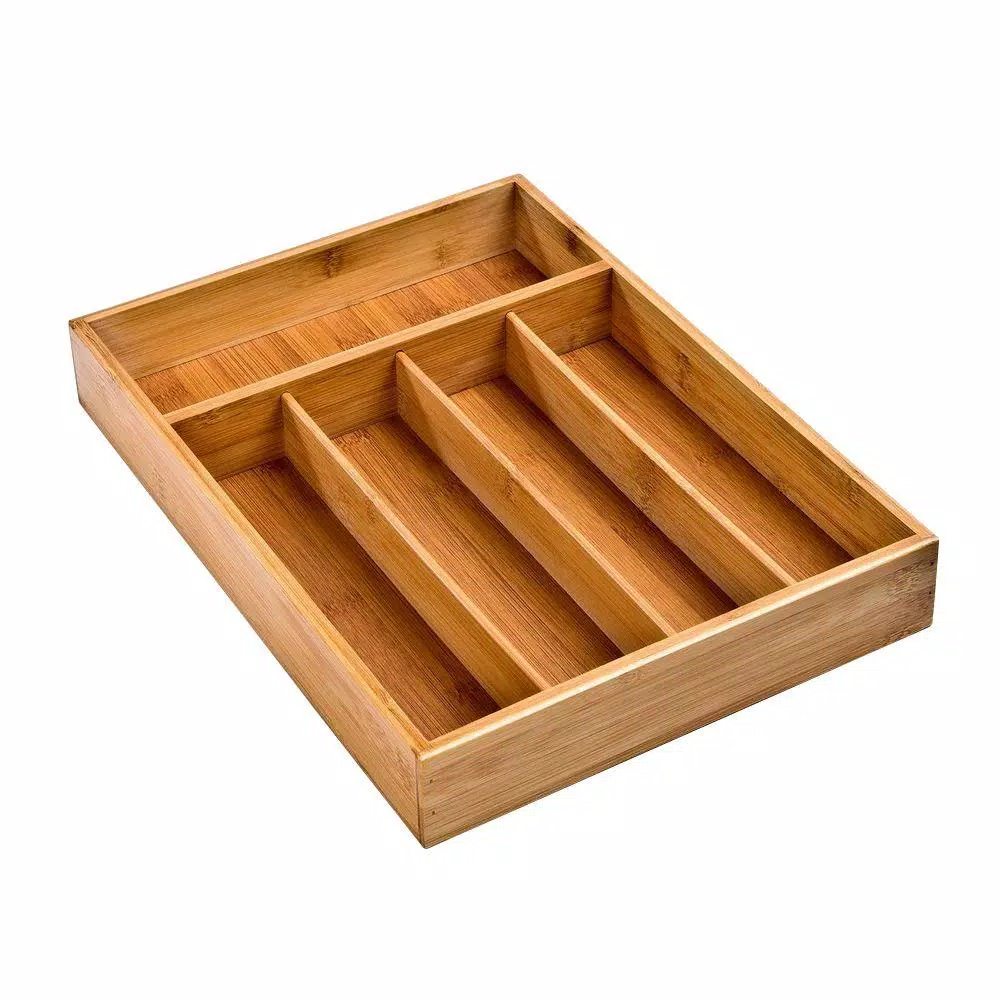 Seville Classics 5-Compartment Bamboo Utensil Drawer Organizer Tray, 14 x 10.25 in.