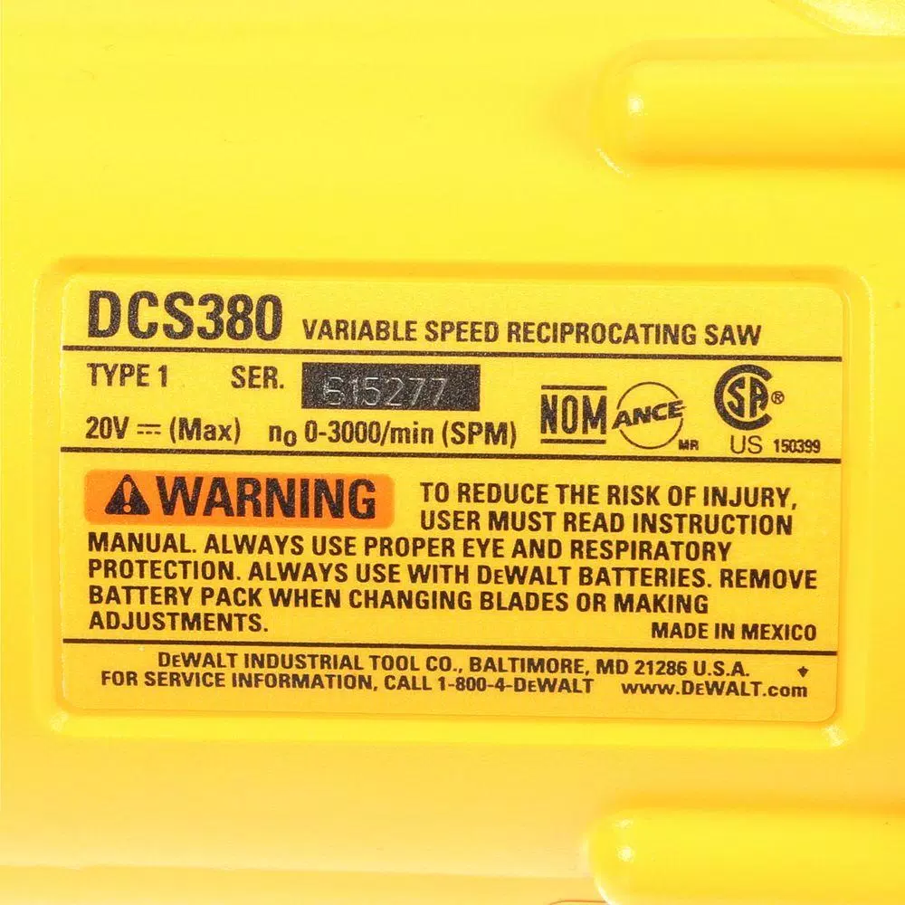 DEWALT DCS380B 20V MAX Cordless Reciprocating Saw (Tool-Only)