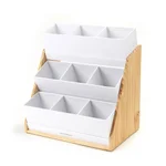 Mind Reader 9-Compartment White Condiment Organizer with Natural Wood Bamboo Base thumbnail 1