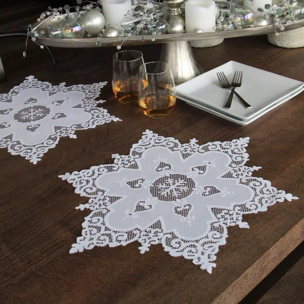 Heritage Lace Snowflake 18 in. White Round Lace Doily Charger, Set of 2