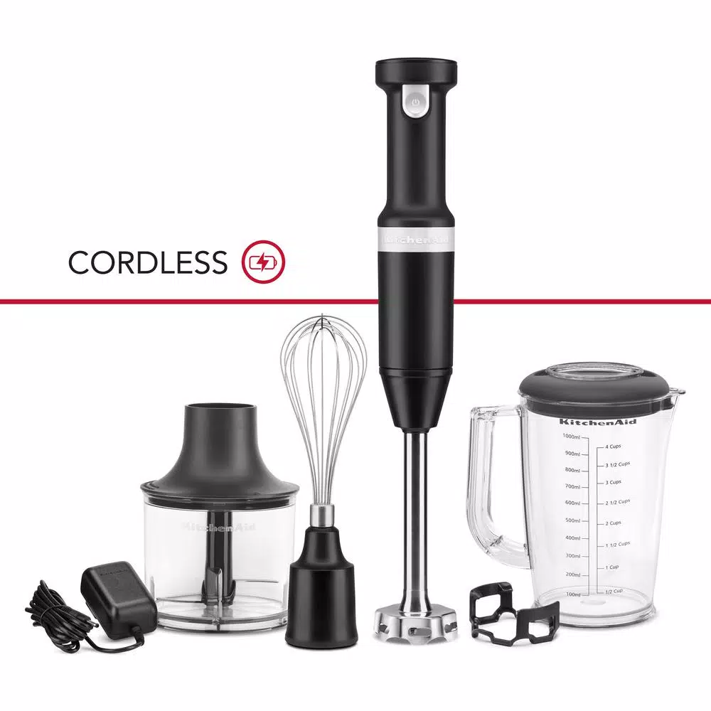 KitchenAid Cordless Variable Speed Hand Blender with Chopper and Whisk Attachments, Black Matte