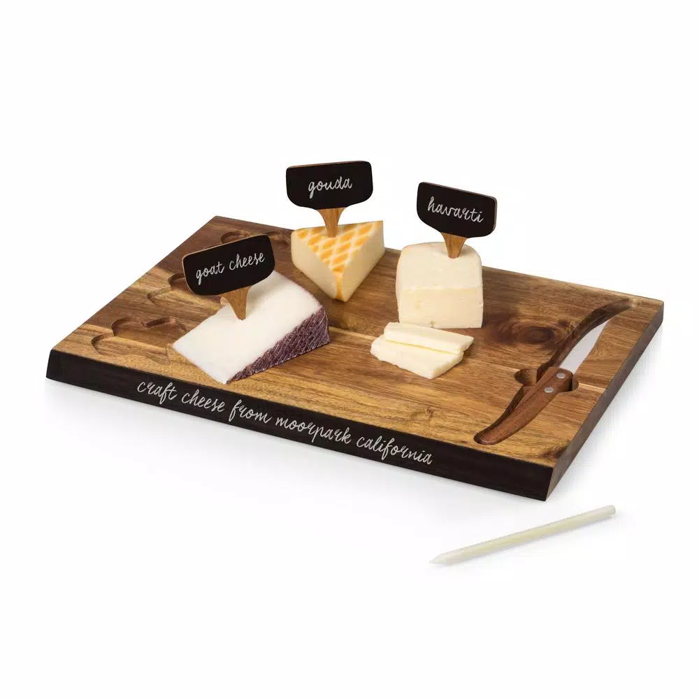 TOSCANA Delio Acacia Wood Cheese Board Set with Cheese Knife and Chalkboard Markers