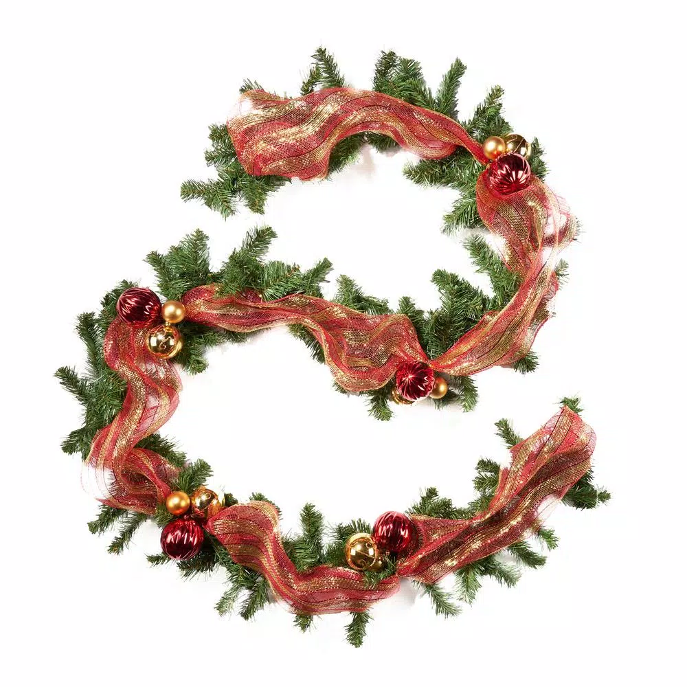 Noble House 9 ft. Pre-Lit Noble Fir Artificial Christmas Garland with Warm White LED Lights, Red and Gold Ornaments