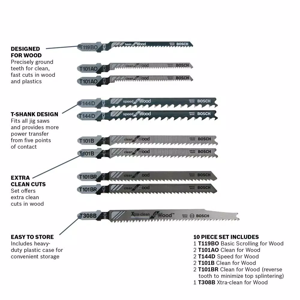 Bosch T-Shank Jigsaw Blade Assortment Set for Wood, 10-Pack