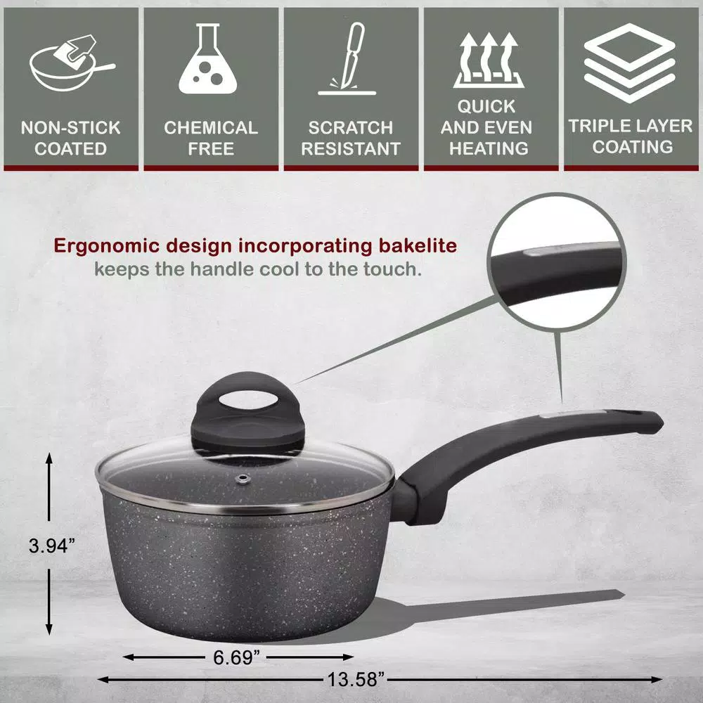 AMERCOOK Lava Stone 1.5 qt. Aluminum Nonstick Saucepan with Glass Lid, Gray