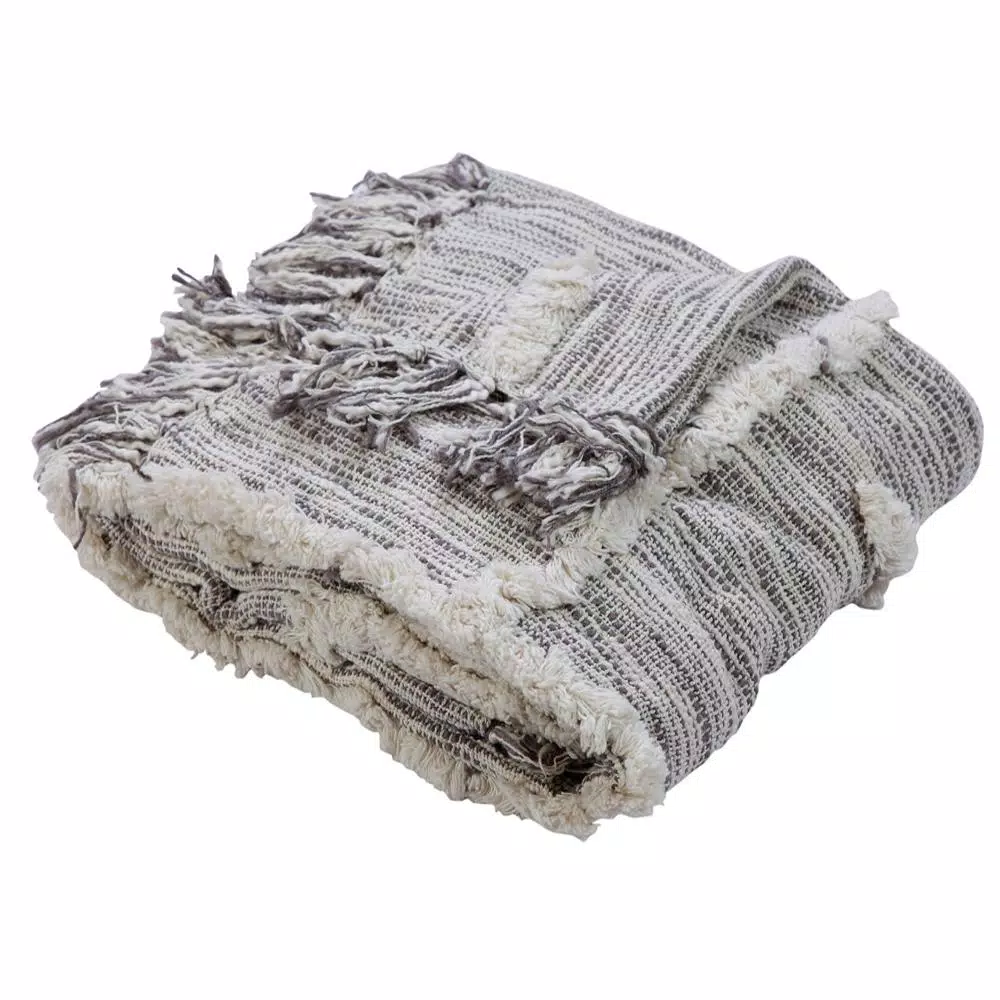 LR Resources Linework 50 in. x 60 in. Gray and Natural Abstract Tufted Cotton Throw Blanket