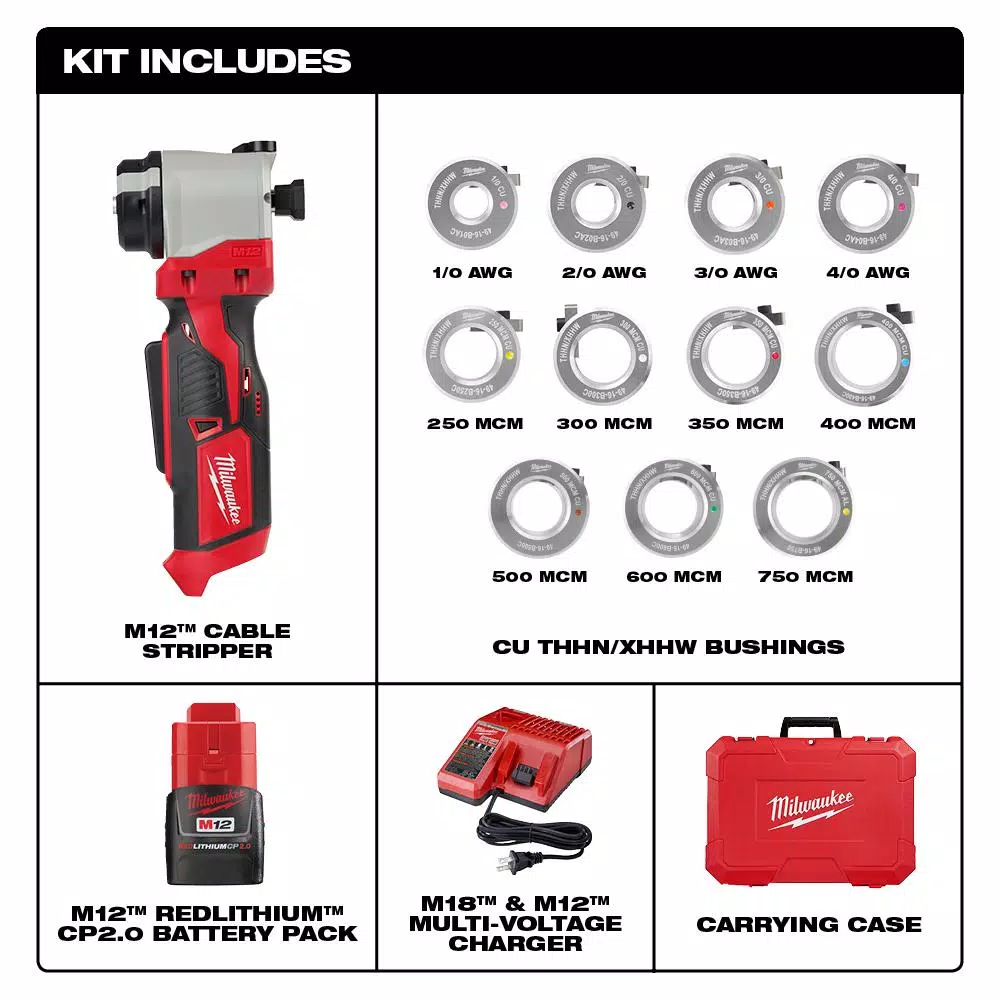 Milwaukee M12 Cordless Cable Stripper Kit for Cu THHN/XHHW Wire, 12V Lithium-Ion